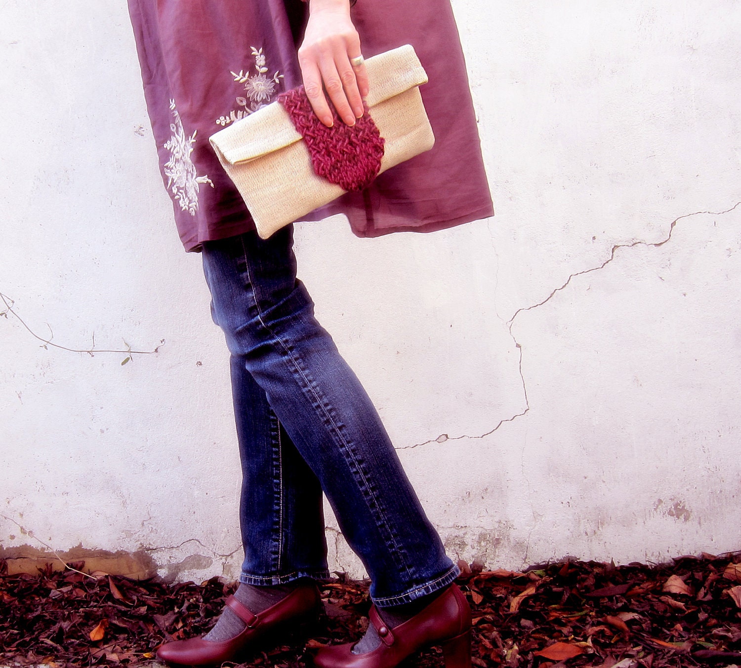 Linen bag fold over clutch knitted purse purple brown knit detail memake handmade fashion handbag