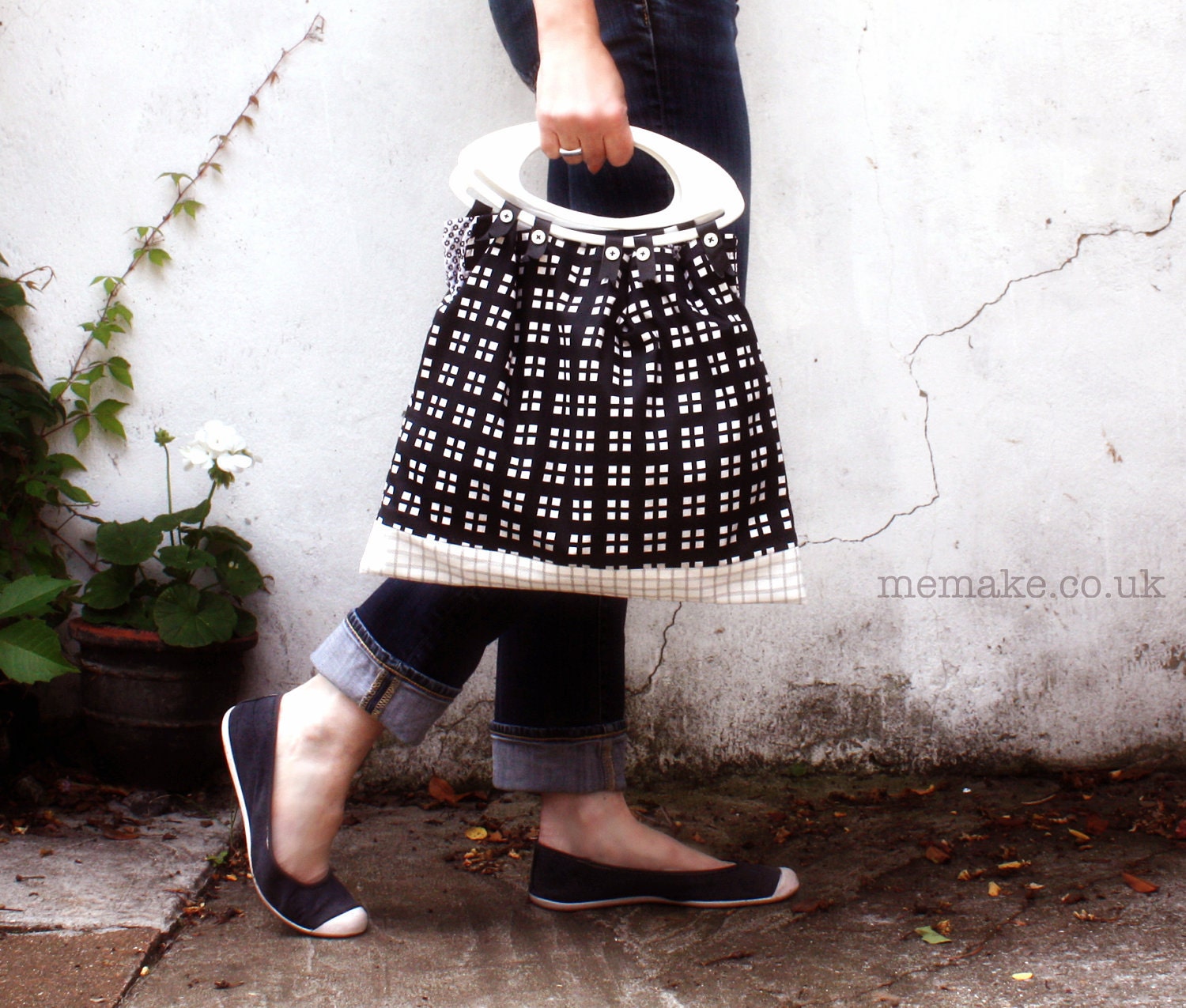 Black and white cotton bag geometric purse modern tote bag black leather memake fashion handmade handbag