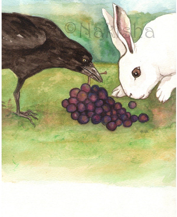 Original Watercolor Crow Painting - Crow With a Gift Of Grapes