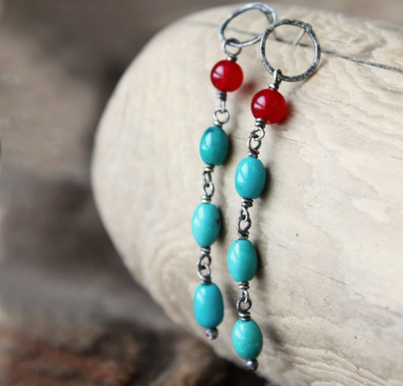 Turquoise earrings, sterling silver post stud, bright colors blue and red, long beaded metalwork