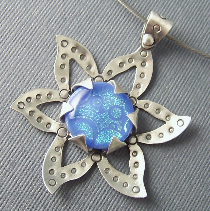 Ready to Ship One of A Kind Sterling Silver  and Periwinkle Dichroic Fused Glass Flower Pendant