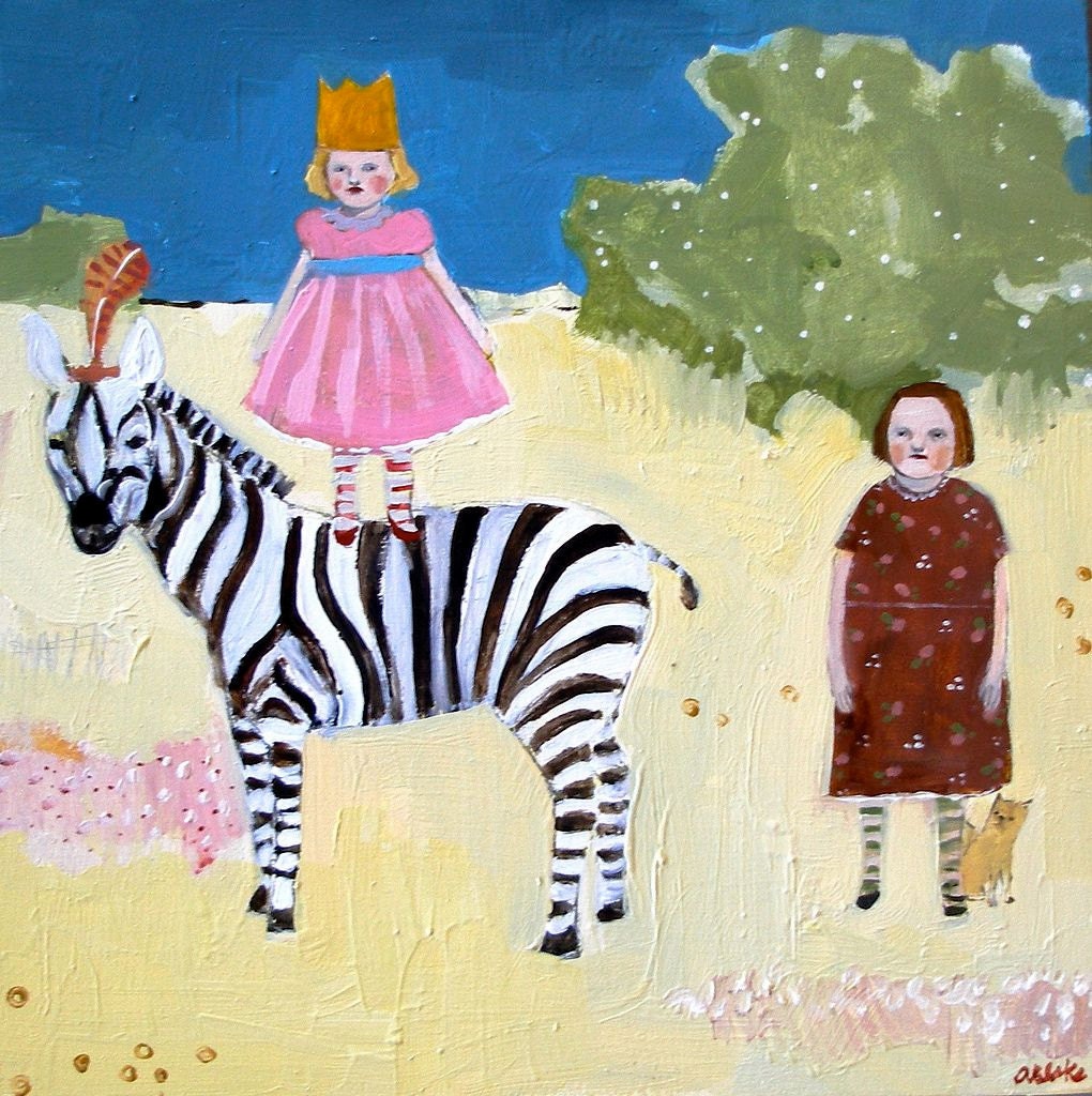 fine art print - Clover's imaginary friend travels by zebra - limited edition reproduction of original oil painting