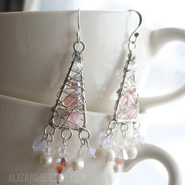 SALE - Recycled guitar string earrings with pink crystals and pearls