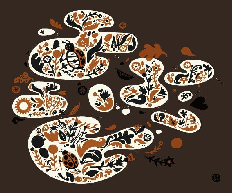 Ladybugs with Flowers and Autumn Leaves Screenprint Art Print - Hand Printed Silkscreen Poster - Good for Kids Rooms & Nursery