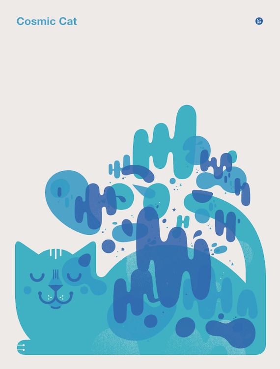 Cosmic Cat Art Print Screenprint - Happy Sleepy Blue Kitty Stars Dreaming Hand Printed Silkscreen Poster - Little Friends of Printmaking