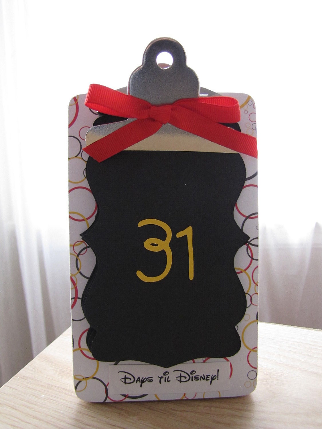 Vacation Countdown Clipboard - Days til Disney - Red Black and Yellow Bubbles