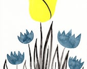 Buy 2 Get 1 FREE -- Watercolor Painting: Watercolor Flowers -- Art Print --  Scandinavian Flowers in Yellow and Blue -- 8x10