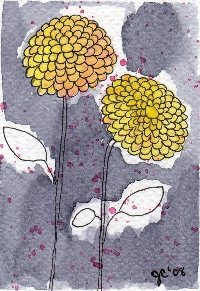 Buy 2 Get 1 FREE -- Watercolor Painting: Watercolor Flowers -- Mini Art Print -- Two Yellow Zinnias -- ACEO Print