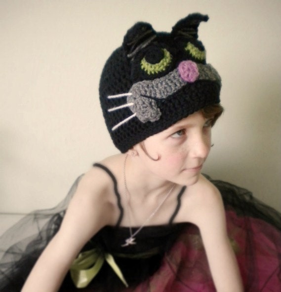 Crochet Animal Hat - Retro Cartoon 3-D Cat Hat in Black and Gray with Ears - Unique Hat for Baby / Toddler / Boy / Girl / Man / Woman