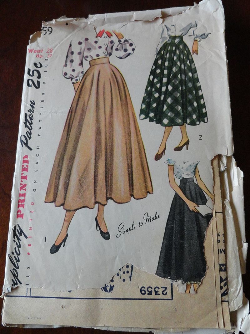 Vintage 40s Simplicity Misses' Skirt in Ballerina or Daytime Lengths Waist 28