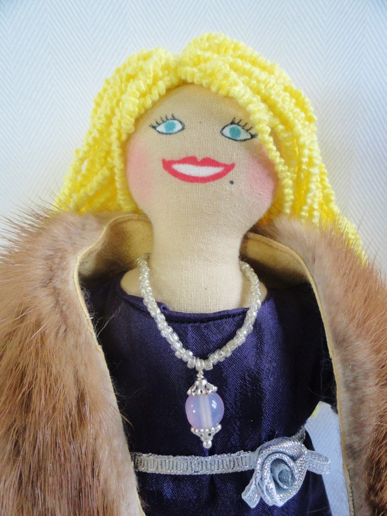 Blonde Doll in Fur Stole - Cloth Doll