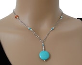 Turquoise Coin Coral Sterling Silver Bead Chain Necklace