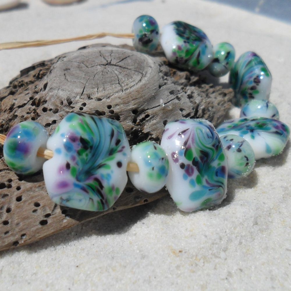 Lampwork Bead Set, Purple-Green-White,Handmade SRA LETEAM Glassymom