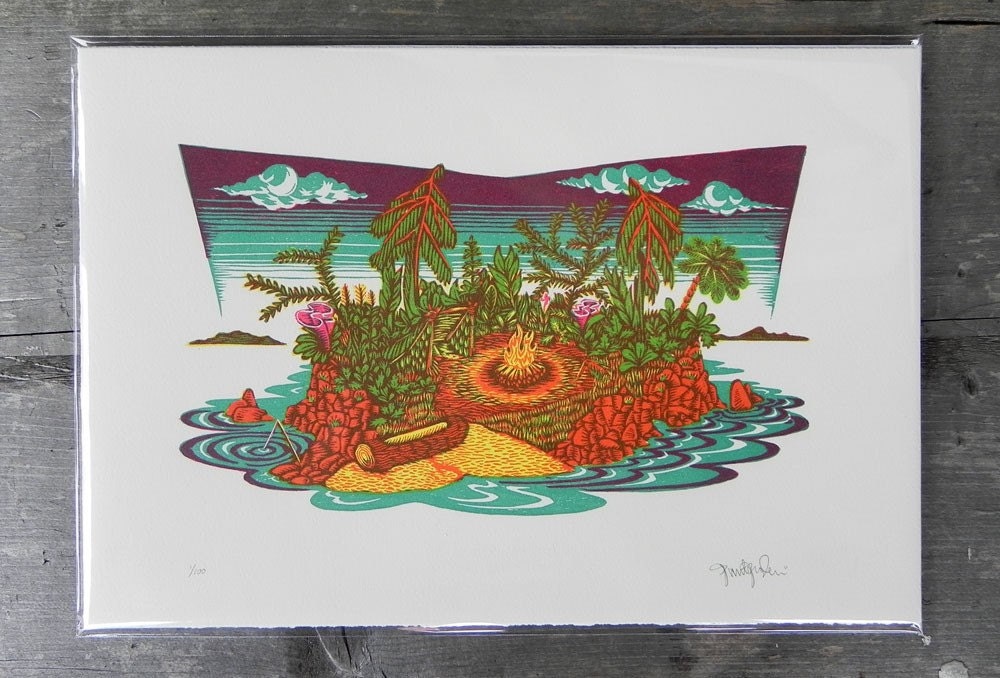 ISLAND Woodcut Print, Woodblock Print