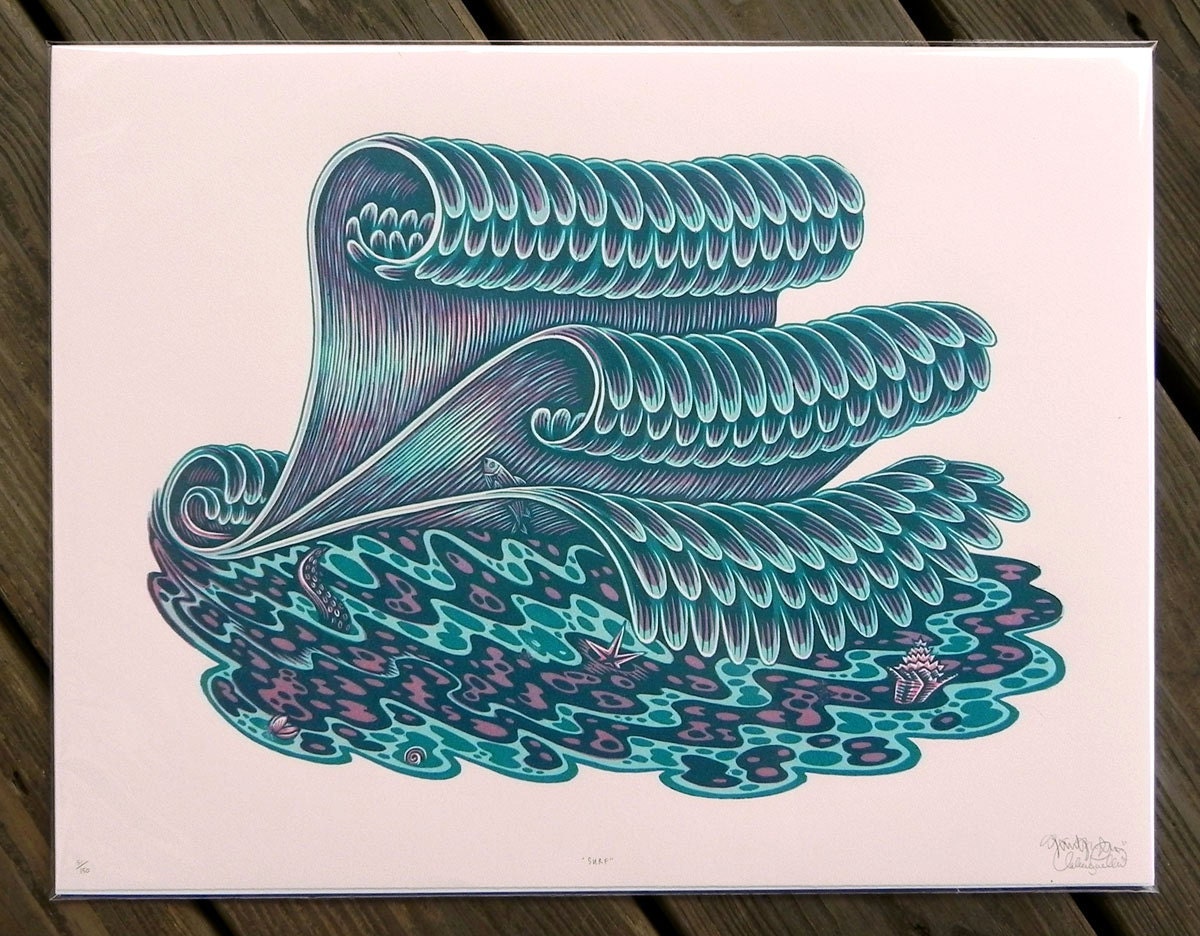 SURF Wave Woodcut Print Woodblock print