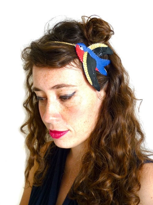 Blue and Red Elasticated Leather Swallow Headband