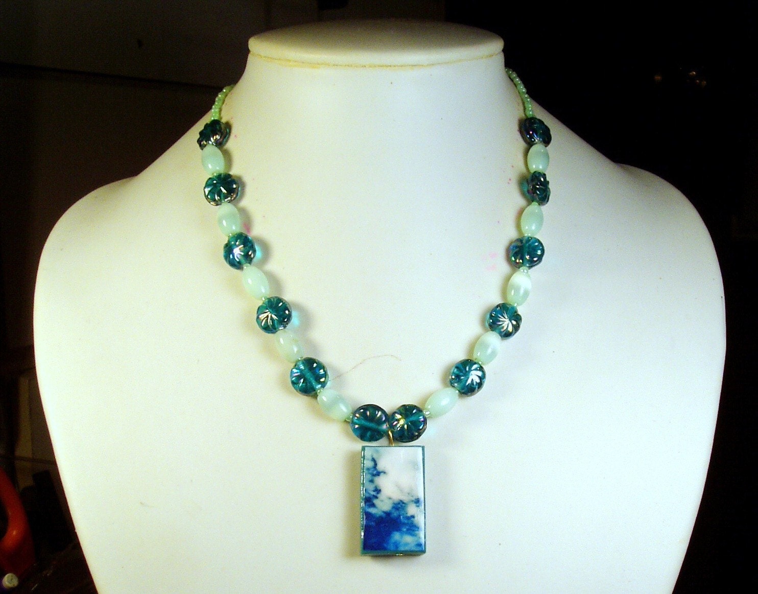 SHADOW & LIGHT Seafoam Green and Turquoise  Necklace - OOAK Beaded Statement Necklace with  Photo Pendant