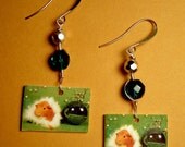 GUINEA PIG EARRINGS - Adorable Guinea Pig With a White Feather Boa - Green and Silver Photo Jewelry - Vibrant Sparkly Crystal Drop Earrings