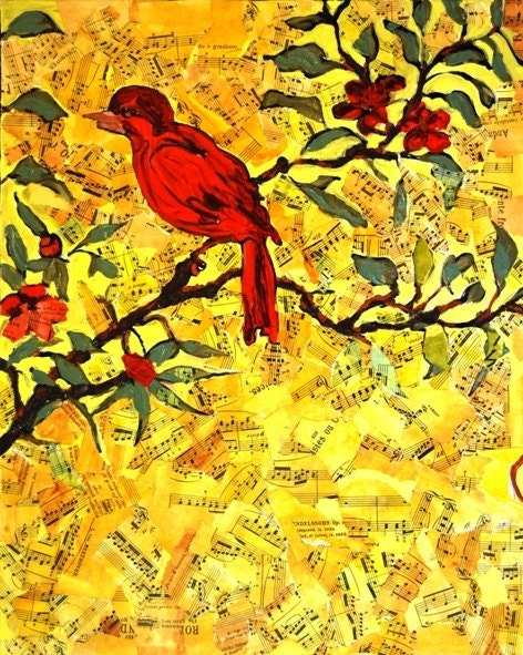 Bird, Yellow Home decor Red  Bird on a branch Fine art Prints, TREE bright yellow print music
