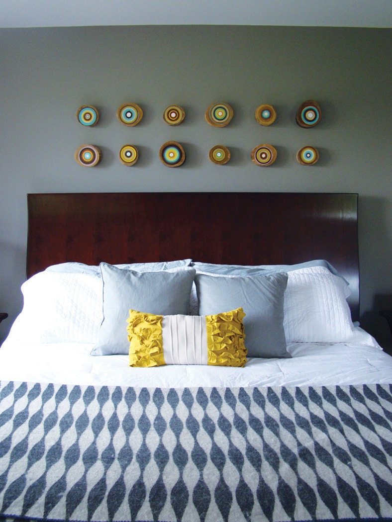 Set of twelve Original danish modern  painted tree ring art  wood sculptures by tracy melton