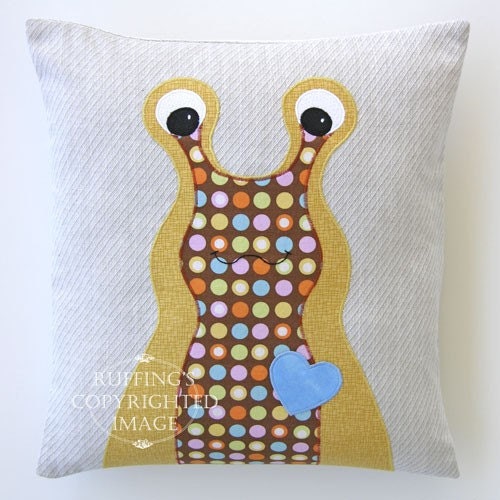 Handmade Slug Decorative Accent Throw Pillow, Home Decor, Hug Me Slug, Oatmeal, Gold, Brown, Blue, Polka Dots, 13x14 inch, Ready-made