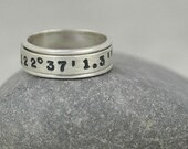 Hand Stamped Latitude and Longitude Spinner Ring in Sterling Silver - Coordinates Ring for Him or Her