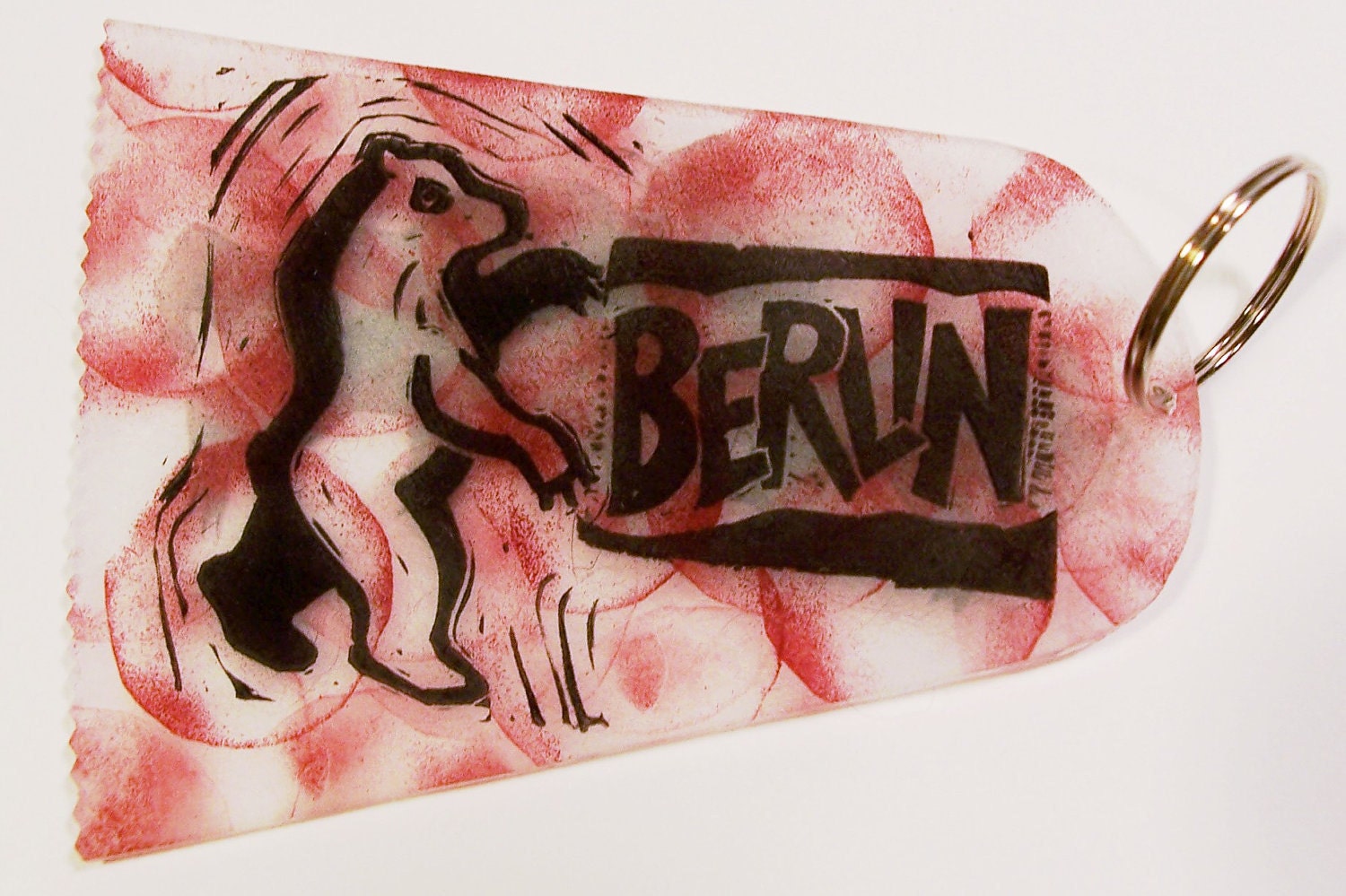 Berlin Bear Keychain red and black linocut on shrink plastic
