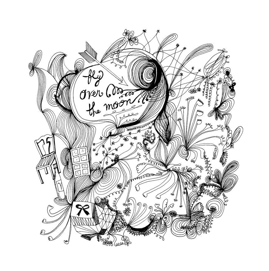 Fly Over the Moon 8x10 Fine Art Archival Print of Original Pen and Ink Drawing