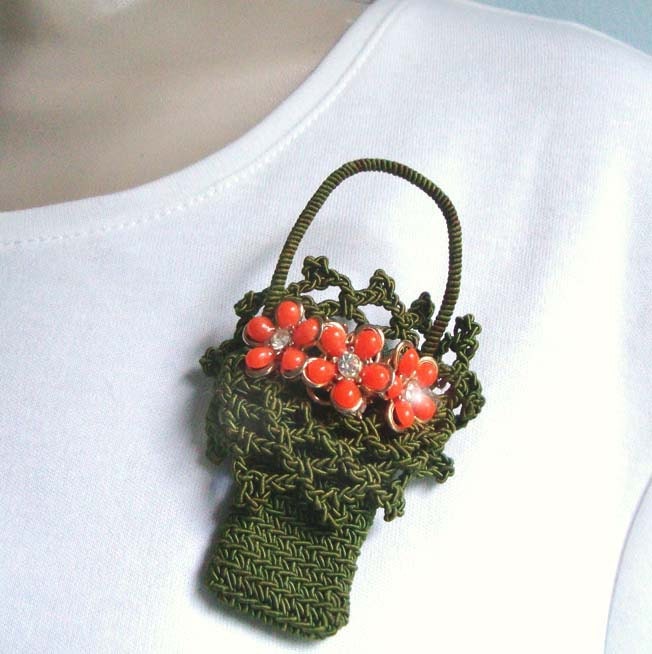 Upcycled Vintage Crochet Flower Basket Brooch OOAK