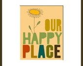 kitchen poster, retro art, happy art, illustration, floral, modern, quotes print, typography poster - OUR HAPPY PLACE