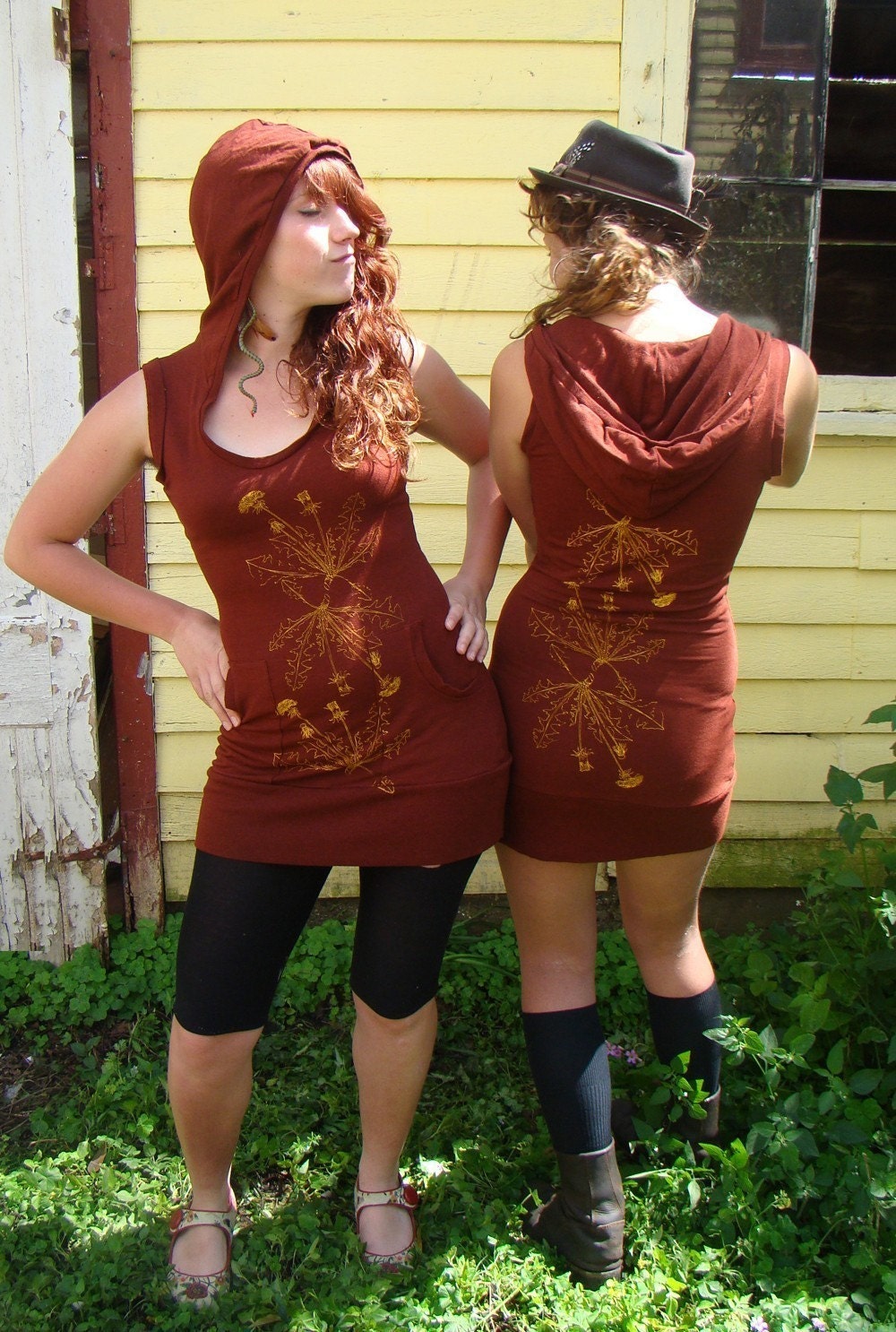 bamboo and organic cotton hoody dress with dandelions and sunshine print