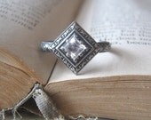 Edwardian Engagement Promise Ring with Oxidized Square White Topaz Gemstone Sterling Silver