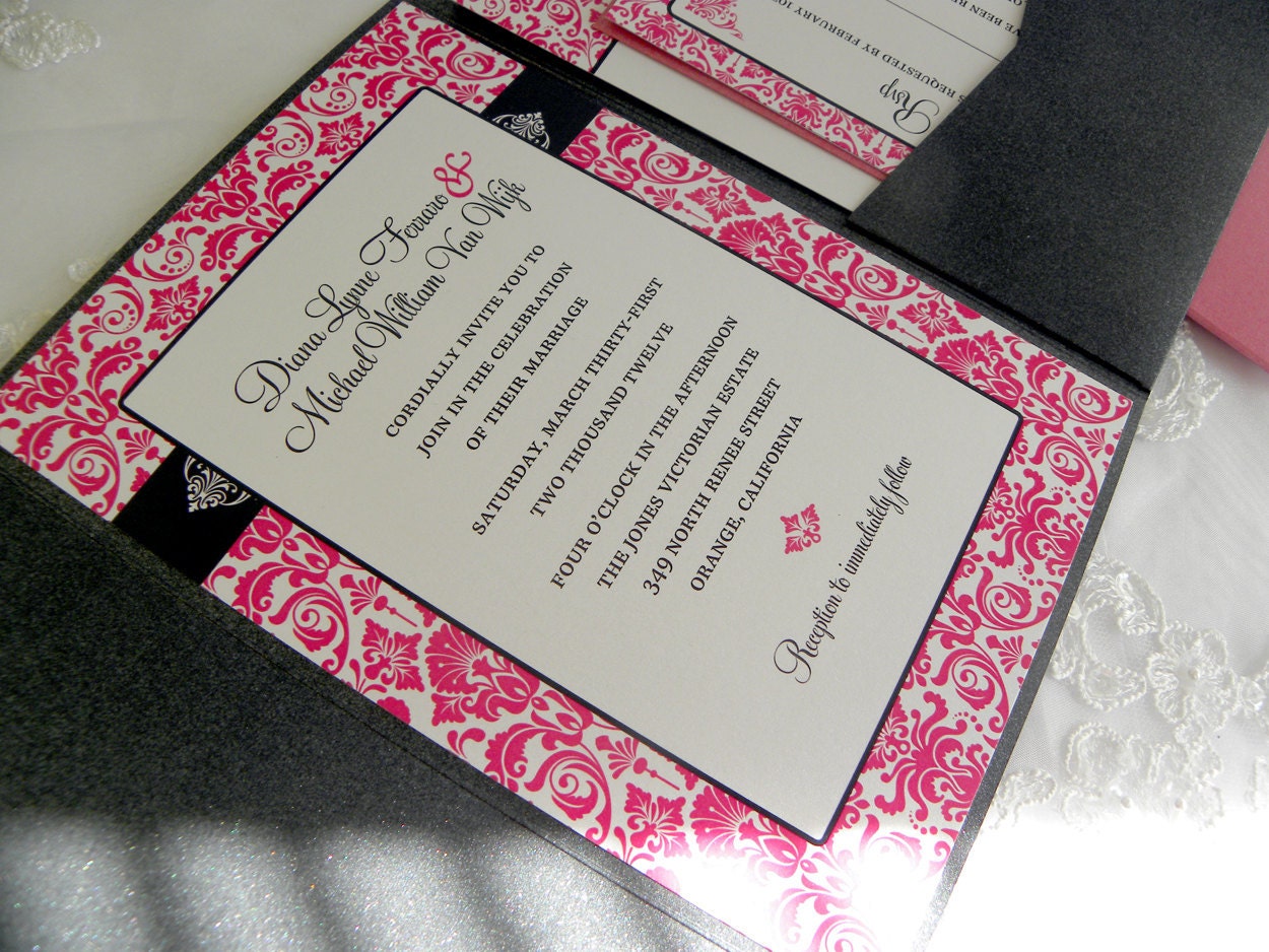 White, Fuschia and Black Pocketfold Damask Invitation Suite