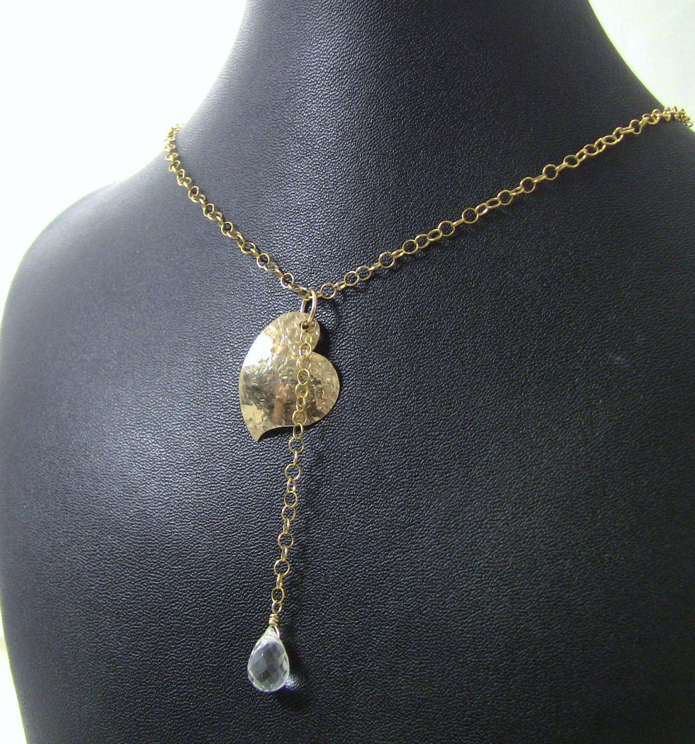 Gold Fill Chain, Hammered Heart Pendant Necklace - Sparkling Quartz Crystal Drop, Cross Charm - Christian Jewelry - Abundance of the Heart