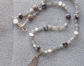Velvety Mist pendant necklace and earrings with blue rhyolite, labradorite, rose quartz and sterling silver