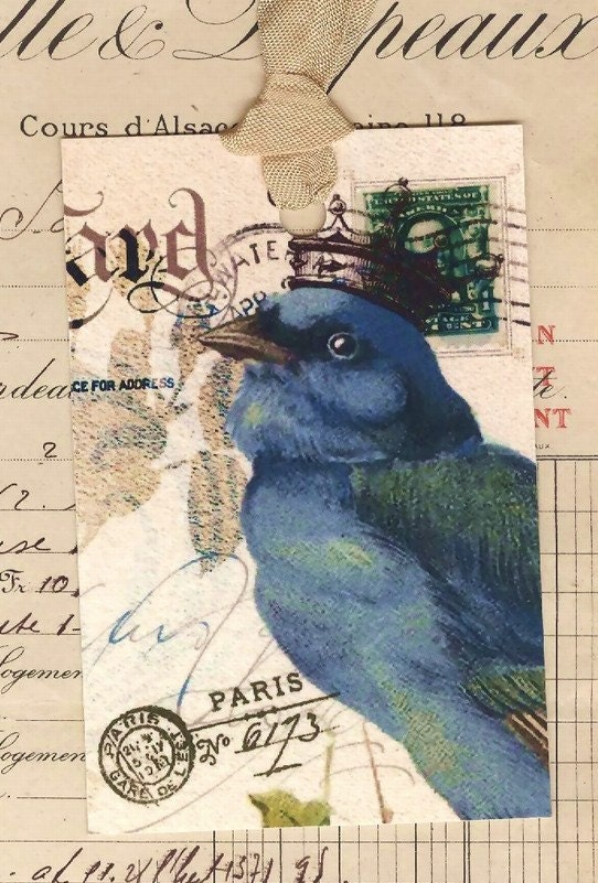 Bird Tags ,  Vintage French Style -  Bird with Crown  -  Blue Bird Tags