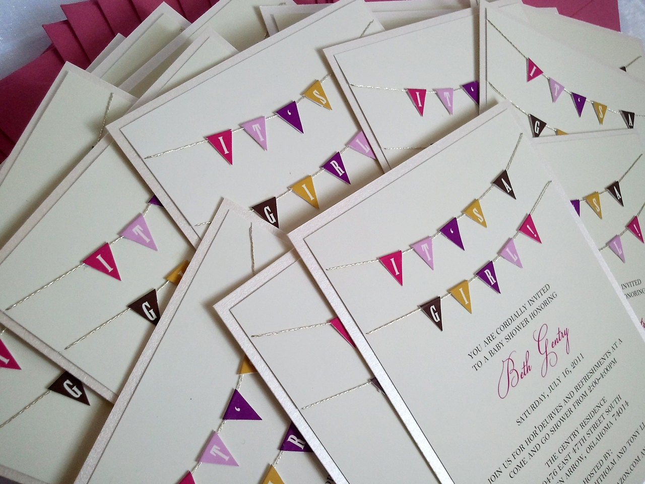 Bunting Girl Baby Shower Invitation - Hand cut Flags with Envelope - Set of 10