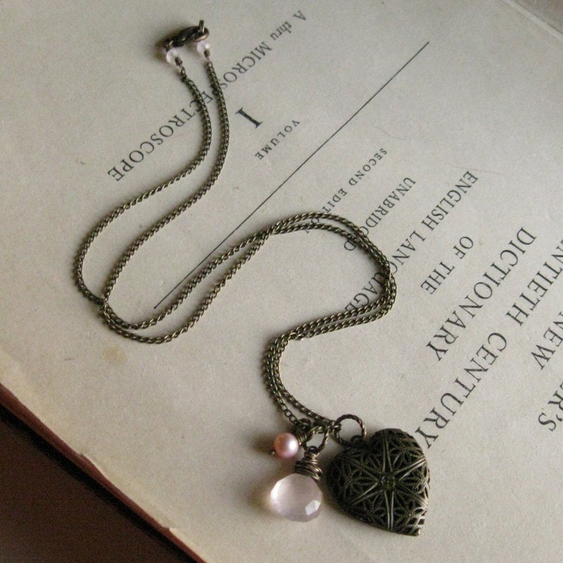 Love me Softly Locket Necklace Heart with Rose Quartz and pearl Breast cancer awareness