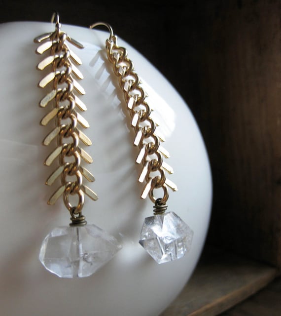 FISHBONE brass and HERKIMER earrings