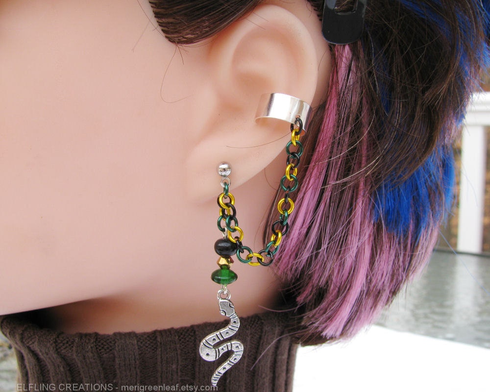 Black, Green and Gold Chain Ear Cuff - Snake of a Gorgon