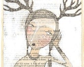 whimsical painting of a girl with antlers - 8 x 8 inches - limited edition archival print called eavesdropping by cori dantini
