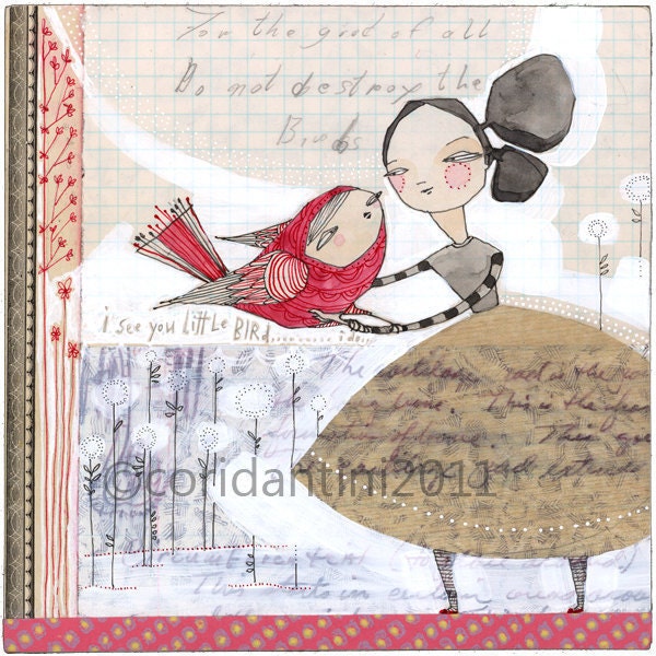 whimsical watercolor painting of a red bird - limited edition and archival print by cori dantini