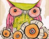 whimsical owl painting, Miss Daisy by Cori Dantini an 8 x 8 archival limited edition  archival print