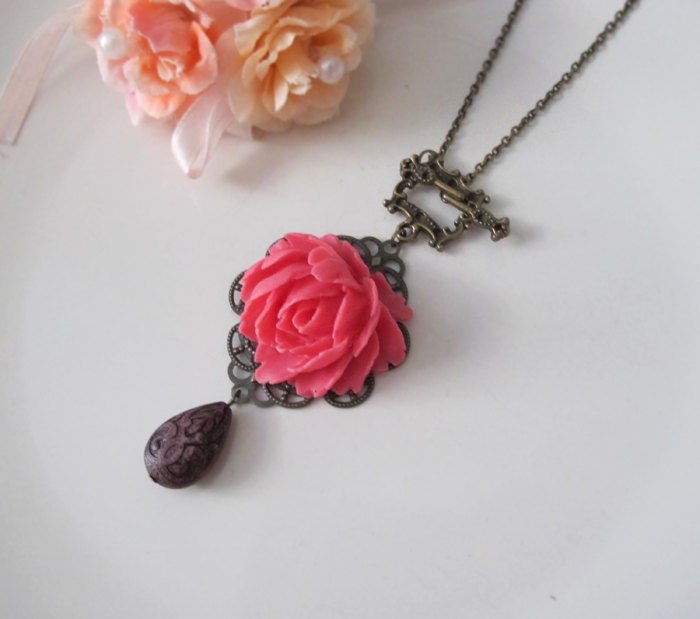 Pink Rose Flower with Lucite Teardrop Ornate Bead. Long Necklace. Flower Necklace. Nature Inspired. Lace Vintage Style. Floral Jewelry.