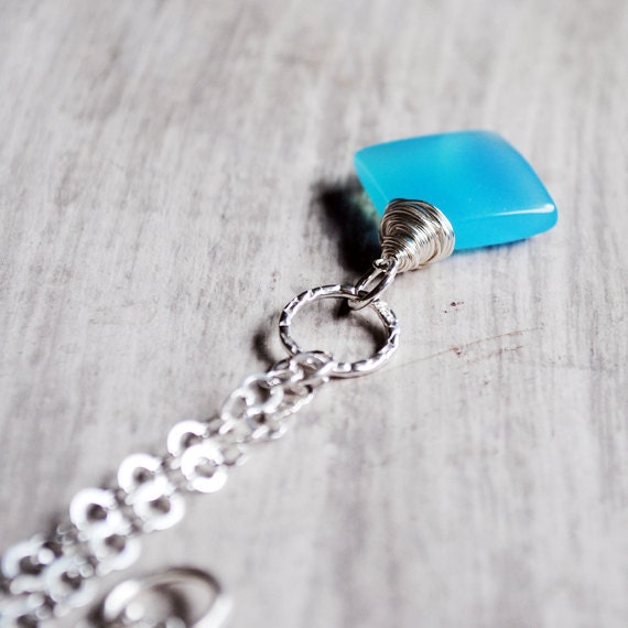 Bright Blue Necklace Sterling Silver Chalcedony Gemstone Wire Wrapped