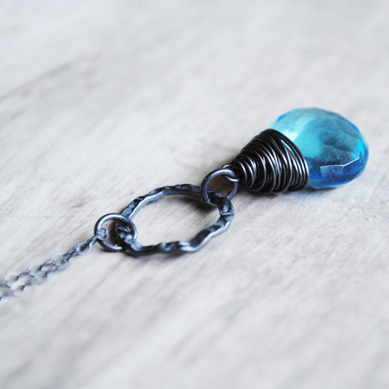 Aqua Blue Necklace Oxidized Sterling Silver Quartz Gemstones