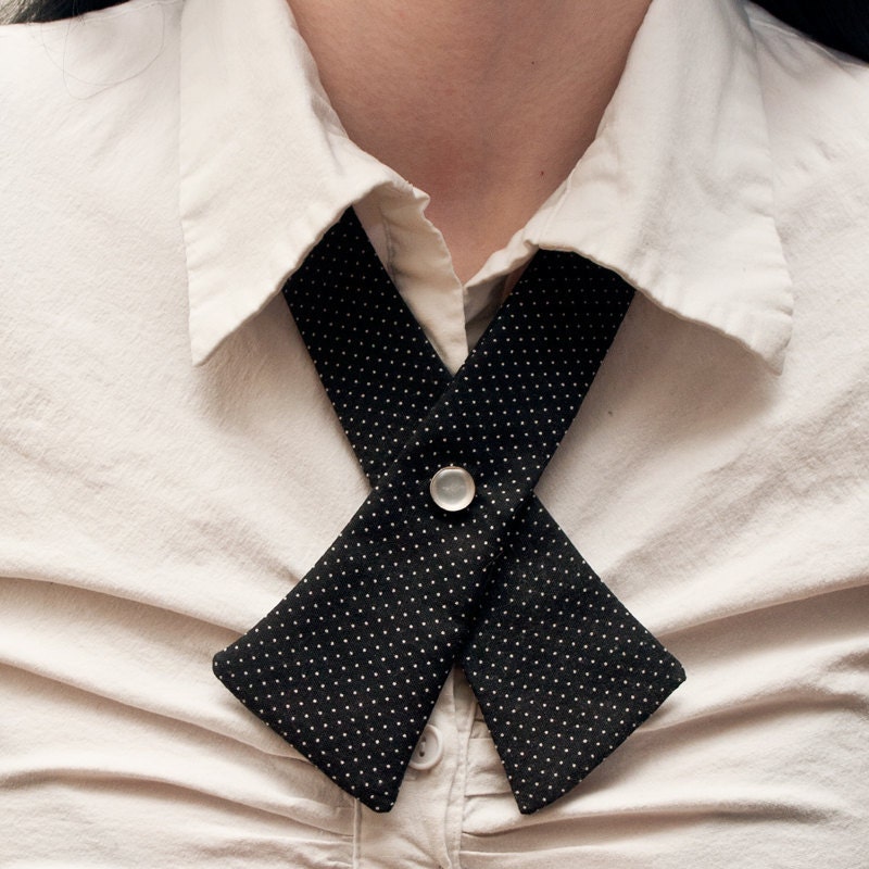 Womens Neck Tie - Black with Tiny White Polka Dots