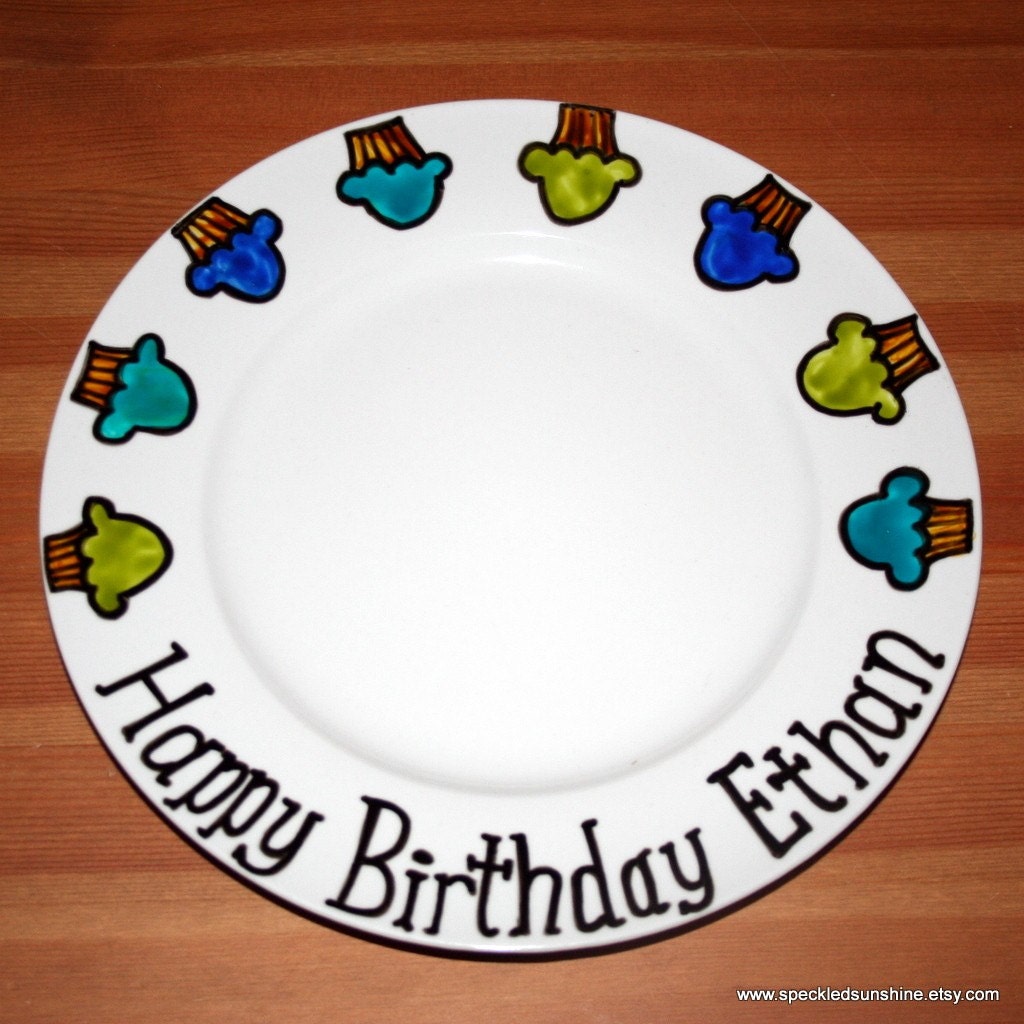 Happy Birthday Cupcakes Personalized Plate Hand Painted Porcelain Dinner Sized 10.5 inch