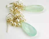 Aqua Chalcedony and Freshwater Pearl Cluster Earrings