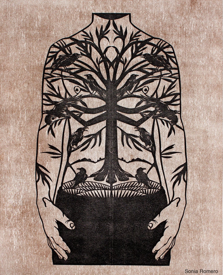 Man's Trunk Raven Tattoo Papercut Print